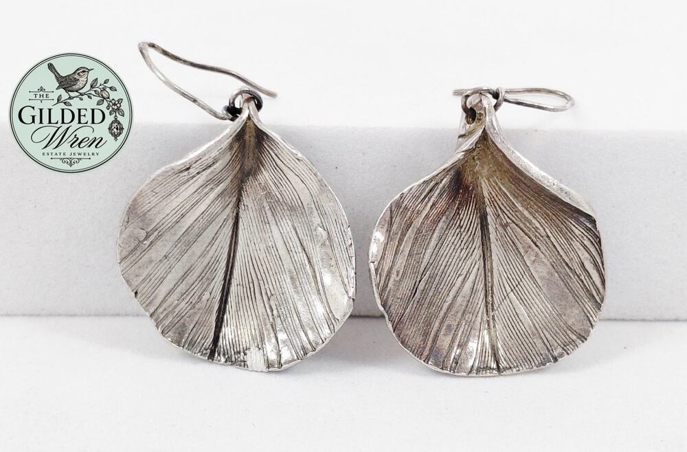 Artisan Made Leaf Dangle Earrings Hand Textured Botanical Statement 1.9”